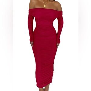 Elegant Red Long Sleeve off shoulder Dress